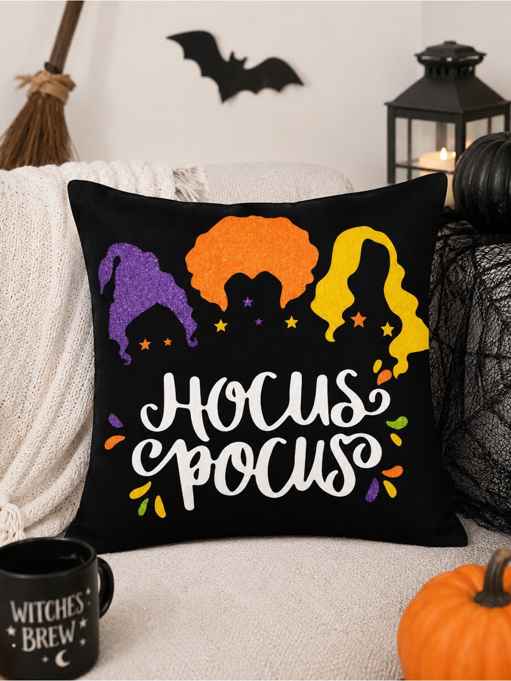 Hocus Pocus Sanderson Sisters Halloween Throw Pillow Cover 18x18 Glitter
